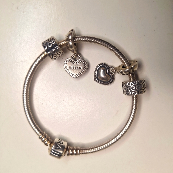Pandora barrel clasp snake chain braclet 2 stoppers and my special sister charms - Picture 1 of 9